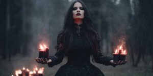 Dark gothic witch figure surrounded by shadow and ritual atmosphere representing power, mystery, and feminine archetype