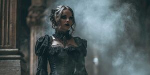 Gothic woman in Victorian black corset dress surrounded by mist, embodying vampire-inspired fashion and dark elegance