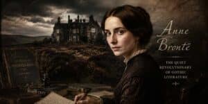 Atmospheric Victorian-style portrait of Anne Brontë with the Yorkshire moors, a Gothic manor, and her novels The Tenant of Wildfell Hall and Agnes Grey, celebrating her legacy as a pioneering Gothic and feminist writer.