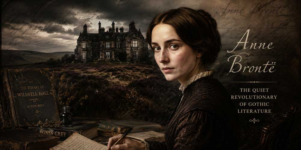 Atmospheric Victorian-style portrait of Anne Brontë with the Yorkshire moors, a Gothic manor, and her novels The Tenant of Wildfell Hall and Agnes Grey, celebrating her legacy as a pioneering Gothic and feminist writer.
