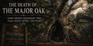 Atmospheric illustration of the Major Oak in Sherwood Forest, the legendary ancient tree linked to Robin Hood, showing its massive hollow trunk beneath dramatic skies after its reported death.