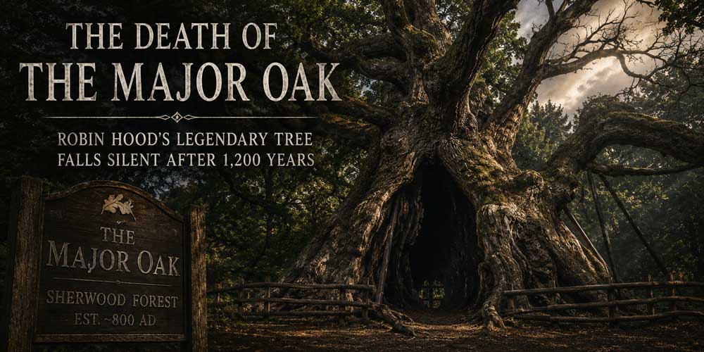 Atmospheric illustration of the Major Oak in Sherwood Forest, the legendary ancient tree linked to Robin Hood, showing its massive hollow trunk beneath dramatic skies after its reported death.