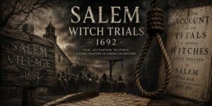 Dark vintage illustration of the Salem Witch Trials of 1692 showing Puritan villagers gathered near the gallows, a colonial church, stormy skies, and symbols of fear and justice in colonial Massachusetts.