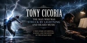 Cinematic illustration of Tony Cicoria being struck by lightning beside a telephone while, on the opposite side, he plays a grand piano surrounded by floating musical notes, symbolizing his extraordinary transformation from surgeon to composer.
