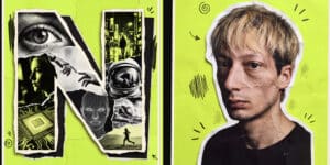 Collage letter N mixing film and AI imagery beside a crumpled-paper portrait of Neural Films founder Antonello Ruzzu on lime green.